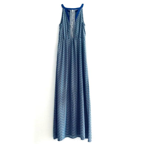 Lucky Brand | Women's Blue Sleeveless A-Line Maxi Chevron Dress Size XL - Picture 1 of 15